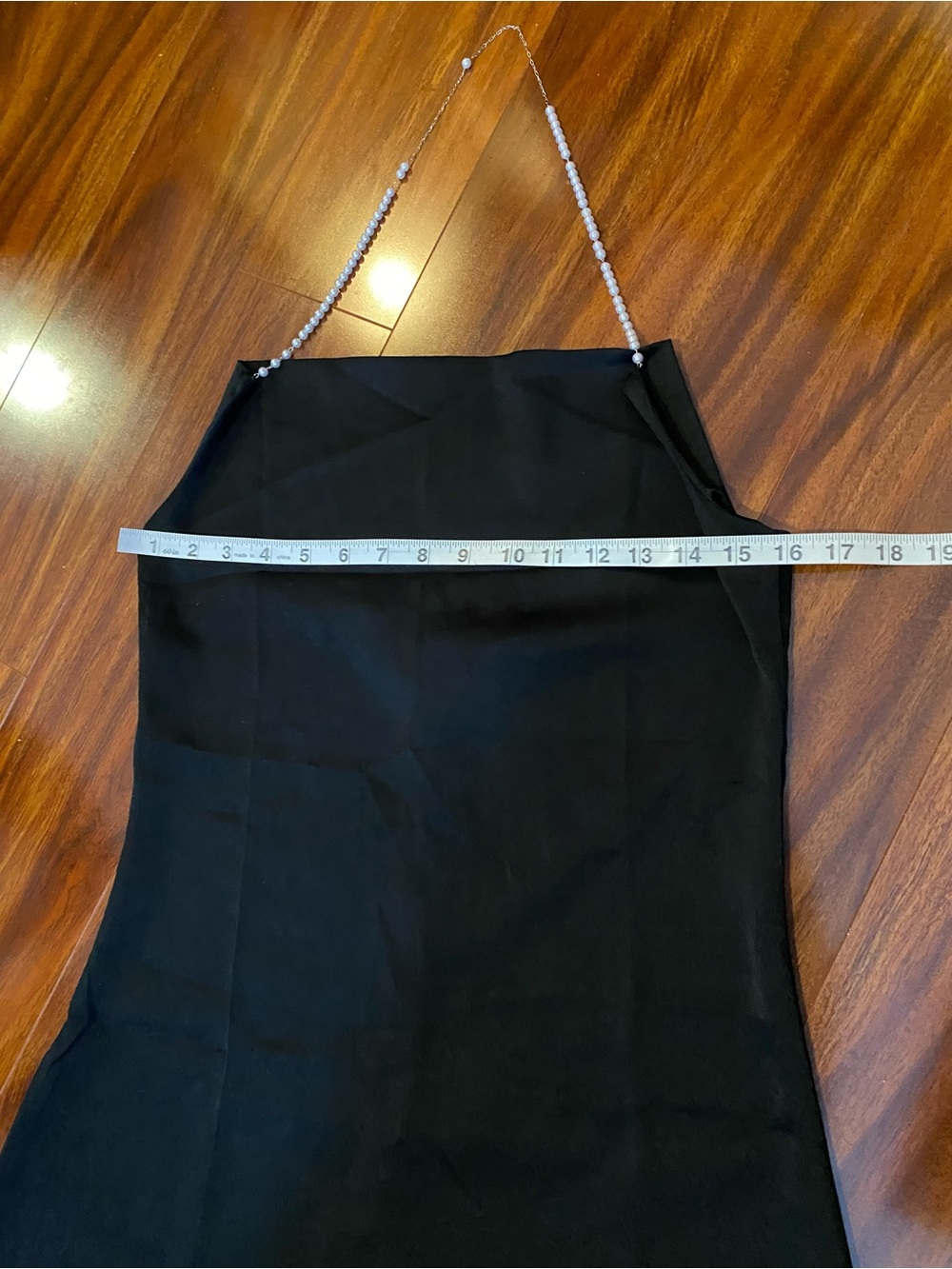 Black Satin cocktail mini Dress with Chain Pearl Straps - Picture 11 of 14